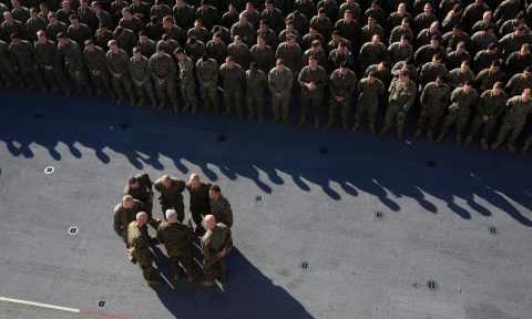 A Congressional committee said April 11, 2024 that enlisted military members should get a 15% pay bump. In a 2017 photo, the sergeants major of the 31st Marine Expeditionary Unit prepare for an all hands formation aboard the USS Bonhomme Richard (LHD 6) while underway in the Pacific Ocean. Marine Corps photo by Lance Cpl. Amy Phan