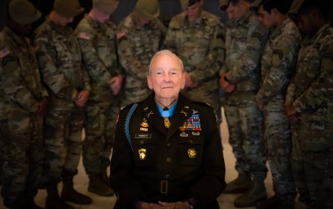 Col. (Ret.) Ralph Puckett Jr., Medal of Honor recipient, poses with members of the 75th Ranger Regiment at the National Infantry Museum in Columbus, Ga. on Aug. 10, 2021. (U.S. Army Photo by Spc. Garrett Shreffler)