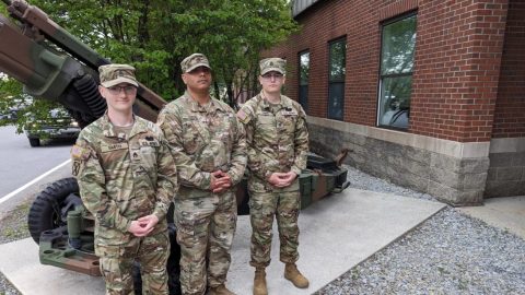 Staff Sgt. Daniel Smith, Sgt. William Taroc, and Staff Sgt. Henry Davis, all members of 2nd Brigade Combat Team, 10th Mountain Division, earned "ace" status after collectively downing 28 drones. (Photo by Mike Strasser, Fort Drum Garrison Public Affairs)