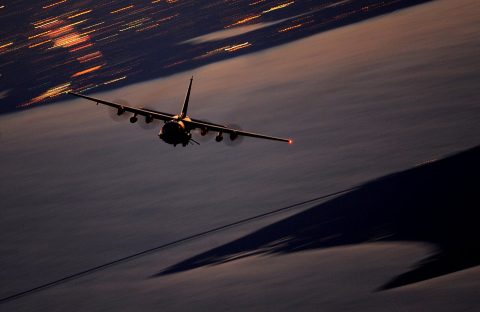 An AC-130U Gunship from the 4th Special Operations Squadron flies a local training mission  on Jan. 27, 2011, at Hurlburt Field, Fla. The AC-130U "Spooky" gunship is the primary weapon of Air Force Special Operations Command. Its primary missions are close air support, air interdiction and armed reconnaissance. The U model is an upgraded version of the H and is equipped with side firing, trainable 25 mm, 40 mm, and 105 mm guns.