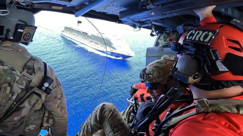 Pararescue specialist and Combat Rescue officers from the 920th Rescue Wing buzz the cruise ship Venezia prior to hoisting onto its deck to retrieve a sick child and his mother for an emergency transportation to shore. Air Force photo.