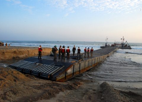 The U.S. military’s temporary pier constructed to bring more humanitarian aid into Gaza was damaged and has suspended operations temporarily, the Pentagon said Tuesday. Photo by Petty Officer 3rd Class Brian Morales.