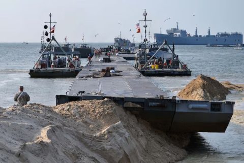 A Trident pier like that deployed to Gaza during a training exercise in Virginia in 2012. The Army's Trident piers  and J-LOTS systems trace their roots to the floating causeways and ramps used in Normandy in the weeks after D-Day. US Army photo.